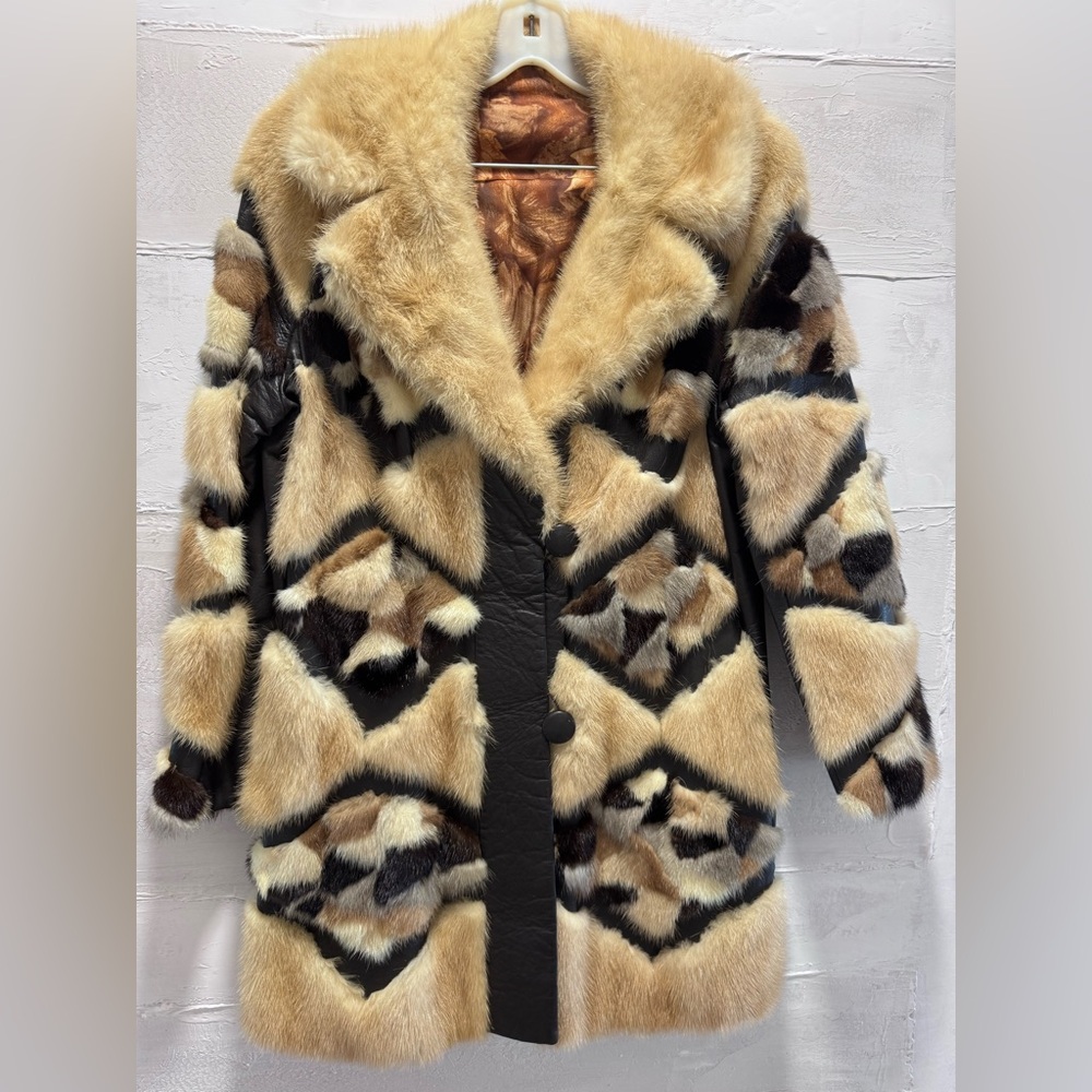 Vintage Mink Fur Patchwork Coat Leather Chevron Luxe Statement Jacket M